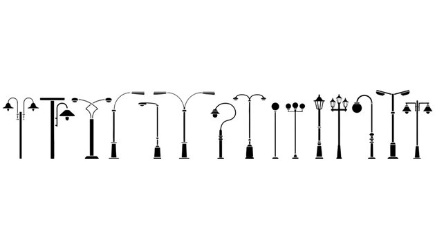 A streetlamp silhouette vector illustration set in various designs and styles