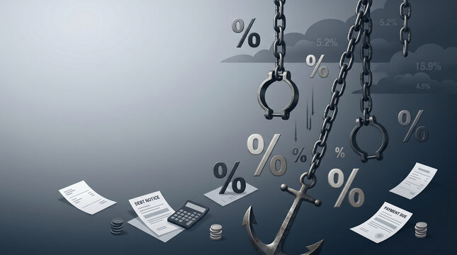 Surreal composition: heavy chains with shackles, an anchor, and percent signs over financial documents. Concept of debt trap, credit addiction, high tax burden, and financial crisis.