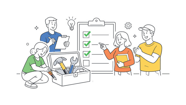 A practical work scenario where individuals organize and access essential tools to complete tasks efficiently, illustrated through a clean scene featuring an open toolbox