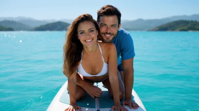 Smiling couple paddleboarding on turquoise tropical ocean