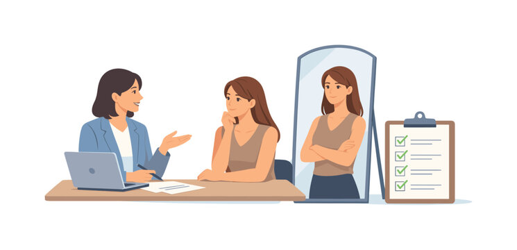 A consultation moment where a specialist helps a client define and improve personal brand image, reflecting guidance, strategy, and self-awareness in professional