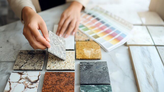 A person selecting a marble tile from a variety of samples for a home renovation project