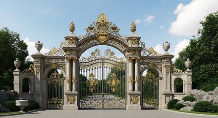 Obraz premium The grand ornate entrance gate of a historical estate showcasing intricate ironwork and classical architectural design