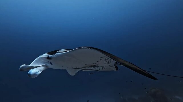 Reef Manta Ray Swimming Along Coral Reef Edge