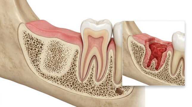 Detailed View of Human Tooth Anatomy Showcasing Root Structure and Surrounding Jawbone With Highlighted Decay Area
