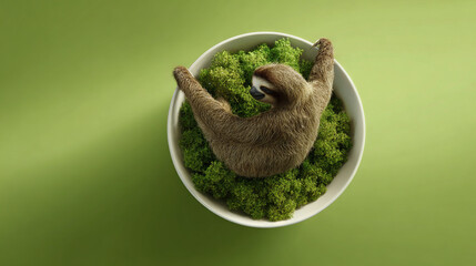 Fototapeta premium Sloth Hanging from Green Moss in a Ceramic Bowl