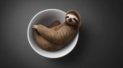 Fototapeta premium Sloth curling up in a white bowl