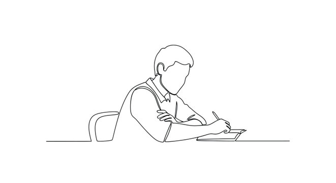 Continuous single line art of person writing or studying at a desk