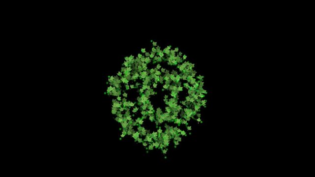 Green leaves forming at symbol on transparent background

Fresh green foliage particles dynamically forming at sign shape with alpha channel for compositing

