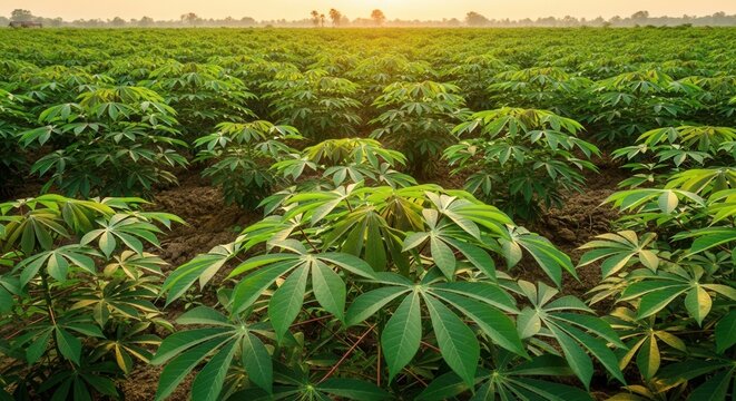 Lush Cassava Field Under Golden Sunset Glow Organic Agriculture