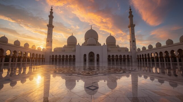 Sheikh Zayed Grand Mosque at sunset with reflection on marble floor