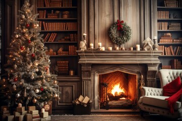 Obraz premium Elegant living room featuring a warm fireplace and festive christmas tree