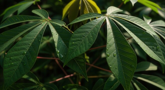 Lush Green Cassava Leaves Adorned With Dew Drops In Sunlight