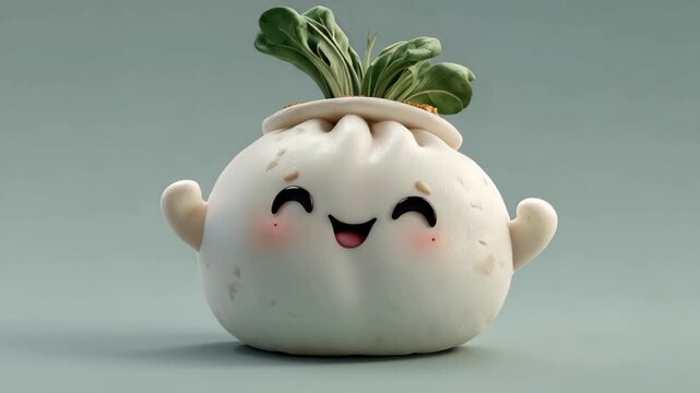 Cute animated dumpling character with green leaves on top smiling happily in a simple setting