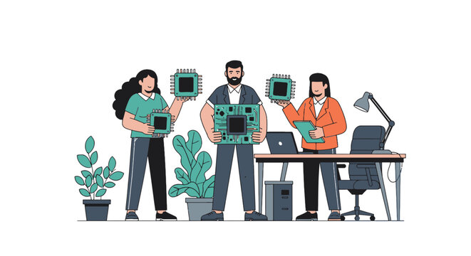 Tech Experts Analyzing Data with Microprocessors and Computers