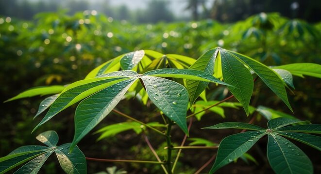 Lush Green Cassava Leaves Dew Drops Morning Light Tropical Agriculture
