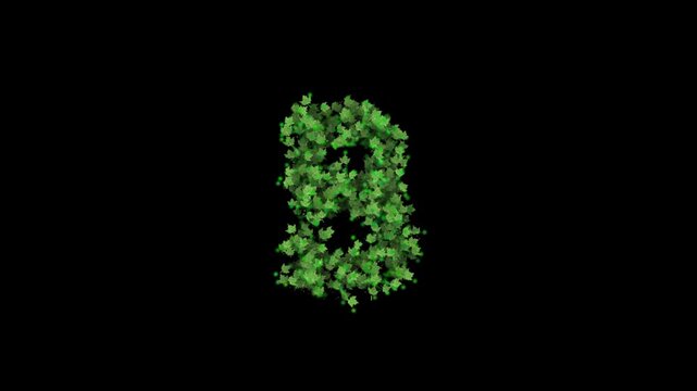 Green leaves forming letter B on transparent background

Fresh green foliage particles dynamically forming letter B shape with alpha channel for compositing
