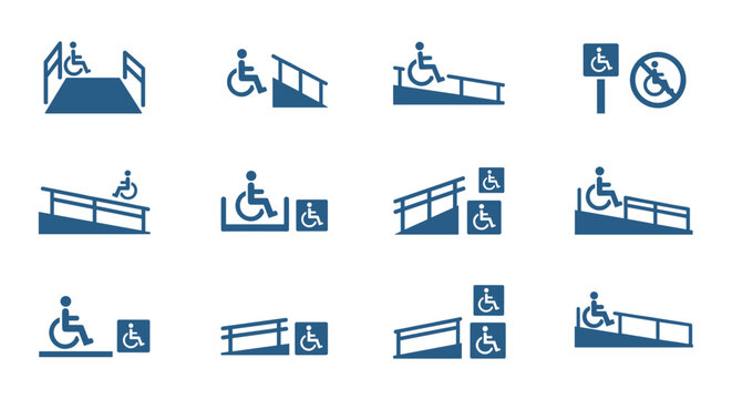 A set of blue vector icons depicting wheelchair accessibility symbols