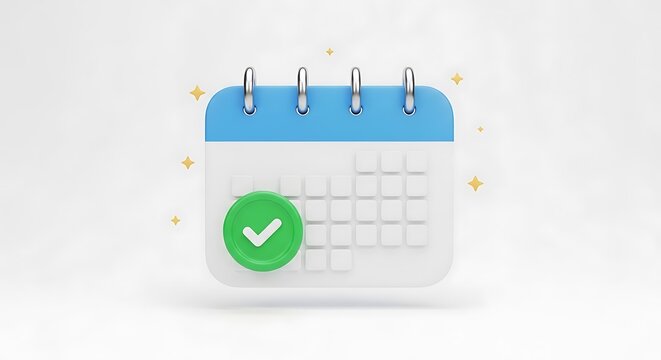 Stylized 3D calendar icon with a green checkmark symbolizing completion or confirmation against a subtly sparkling background