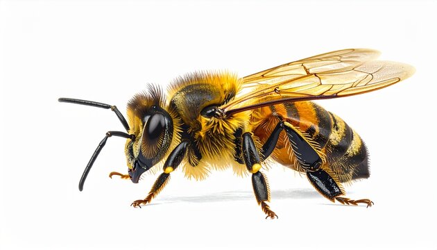 Honey bee isolated on white background, detailed insect macro representing nature, pollination, and ecology.