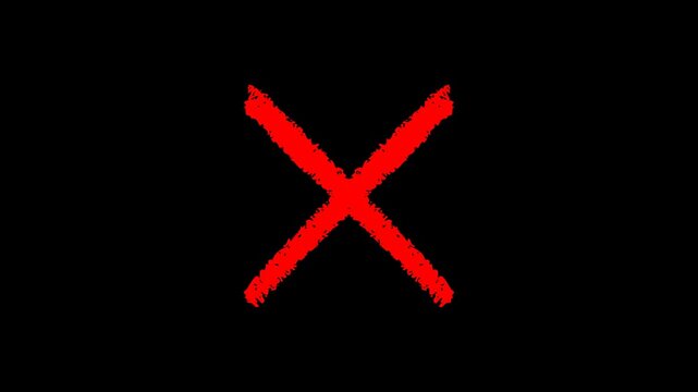 Simple hand-written red X symbol animation isolated on black, versatile artistic element for vlogs, instructional tutorials, and professional cinematic video title sequences.
