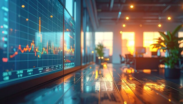schermo che mostra dei grafici statistici all'interno di una stanza in un ufficio, in un ambiente urbano moderno, al tramonto, concetti sugli affari, finanza e statistica, economia di mercato