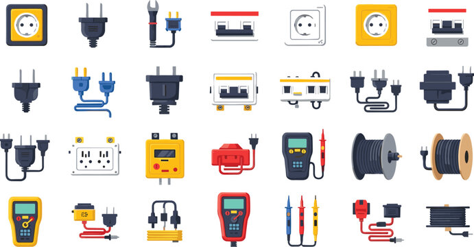 Collection of electrical tools and equipment icons including plugs, sockets, testers, wires, cables and measurement devices for engineering design