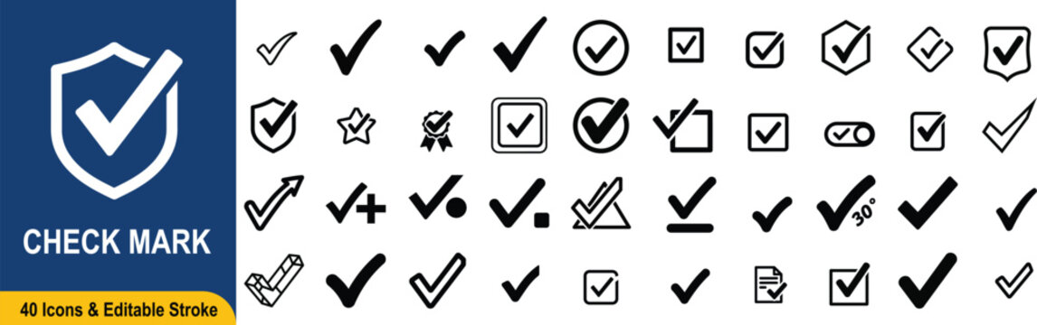 Check mark in various styles and colors on white background with blue and yellow text box symbols checklist
