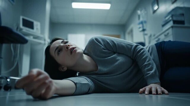 Young woman, experiencing low blood pressure, arterial hypotension, collapsed on the hospital floor, a medical emergency, health crisis, feeling unwell, dizziness, patient care