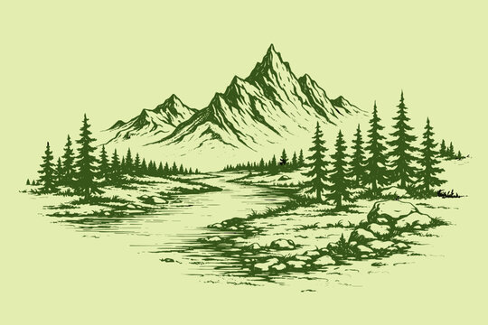 Hand drawn mountain landscape vector illustration with river, pine forest and green wilderness scenery