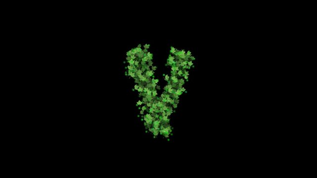 Green leaves forming letter V on transparent background

Fresh green foliage particles dynamically forming letter V shape with alpha channel for compositing
