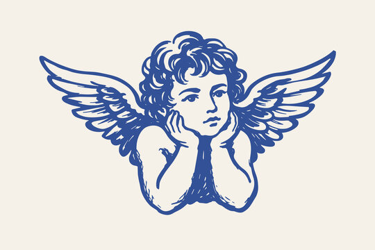 Hand drawn cherub angel vector illustration with wings in vintage classical blue engraving style