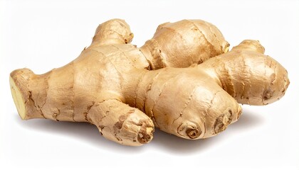 Fototapeta premium Fresh ginger root isolated on white background, widely used as spice and herbal ingredient in cooking and beverages.