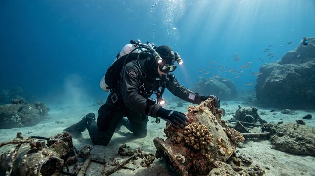 A scuba diver explores a vibrant underwater wreck surrounded by coral and marine life in clear blue ocean waters.