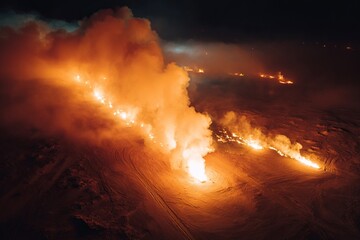 Fototapeta premium Fires illuminating the night sky with golden flames and heavy smoke over a vast landscape, creating an artistic contrast of light and dark during a dramatic scene