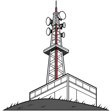 A tall metal cell phone tower with antennas on top standing on a small hill with a railing around its base