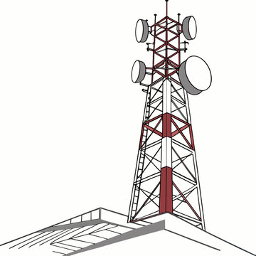 A red and white cell phone tower with satellite dishes on top standing on a rooftop with a