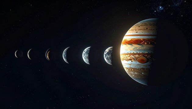 Jupiter with aligned Galilean moons in cosmic space during opposition