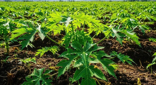 Lush Papaya Seedlings Flourish Under Sunny Skies In Agricultural Field