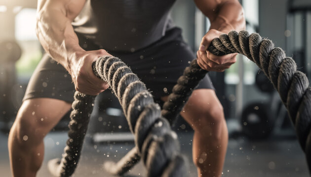 Intense low-angle shot of a muscular athlete's hands gripping heavy battle ropes during a high-intensity interval training session in a modern gym with dust particles
