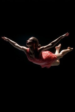 Graceful dancer soars in mid air, capturing the essence of freedom and expression through movement against a stark black backdrop