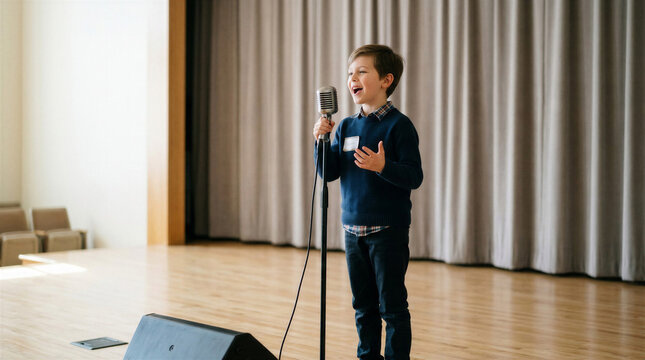 Young boy singing in talent show passionately at microphone on stage indoors  