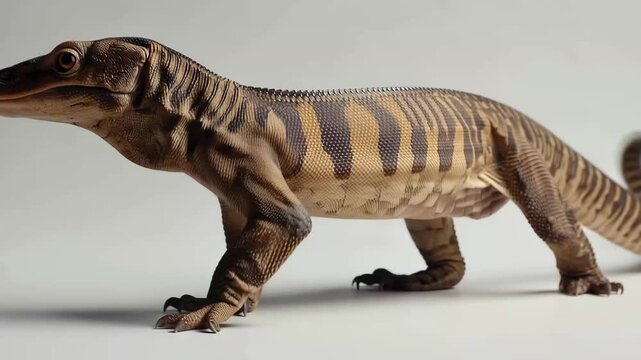 Lizard moves around a smooth surface in a bright setting during the day showing its patterns and features as it explores the area