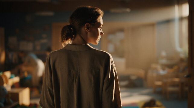Solitary Reflection: A contemplative figure gazes through a sunlit room, lost in thought. The scene captures the essence of introspection and solitude.