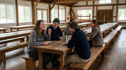 Fototapeta premium Group of friends laughing and chatting at a wooden table indoors 