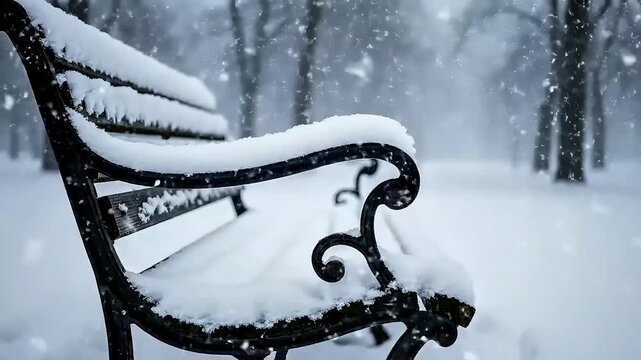 Snowflakes gently fall on an empty park bench in a winter wonderland scene.