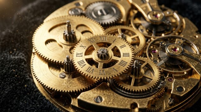 Close Up Macro of Antique Brass Clock Gears and Cogs