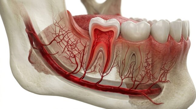 Detailed View of Human Dental Anatomy Showing Tooth Structure, Roots, Nerves, and Blood Vessels in the Lower Jaw at Close Range