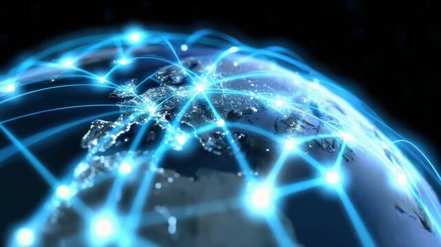 Tracking aerial motion zoom of globe with glowing network connections transmitting between illuminated cities across earth's night surface