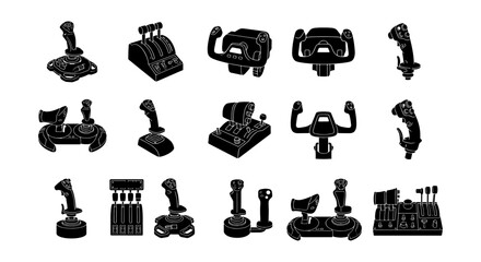 Black flight simulator joystick icons, 15 aviation controller vector elements, flight sim gear silhouettes for gaming and pilot training © Imran
